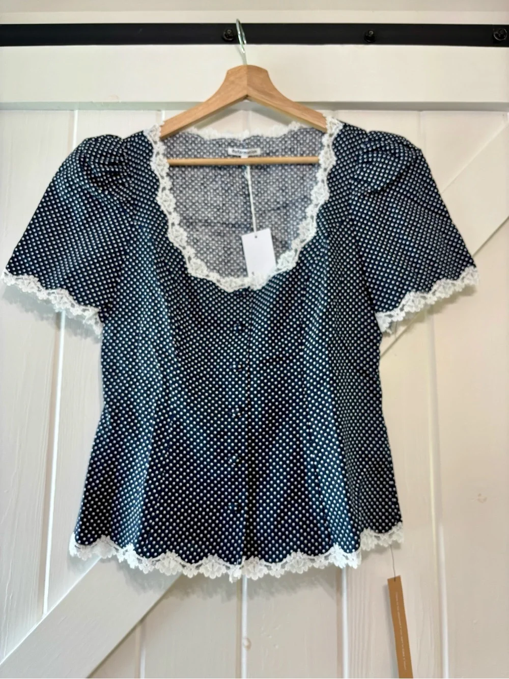 Reformation Annabella Linen Raindrops Navy Polka Dot Lace-Trim Short Sleeve 4